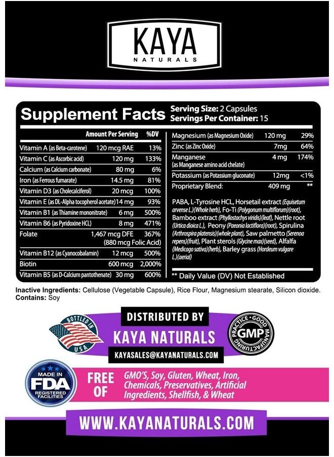 Kaya Naturals - Hair Skin Nail Capsules with Biotin | Hair and Skin Vitamins, Vitamin D Vitamin B-12 A Folic Acid Support, Hair Support Vitamin Supplement for Hair Skin Nails- 30 Count Capsules - Image 1