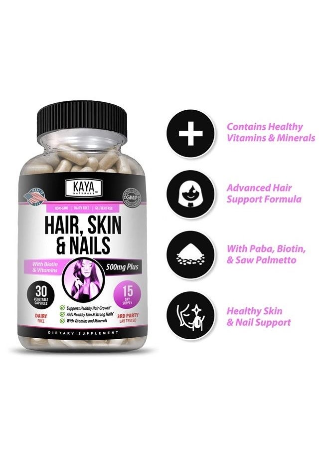 Kaya Naturals - Hair Skin Nail Capsules with Biotin | Hair and Skin Vitamins, Vitamin D Vitamin B-12 A Folic Acid Support, Hair Support Vitamin Supplement for Hair Skin Nails- 30 Count Capsules - Image 1