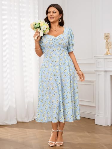 SCOMCHIC Plus Size Summer Dresses for Women Boho Floral Puff Sleeve Sweetheart Neck Ruched Bust Flowy A-Line Sun Midi Dress - Image 3