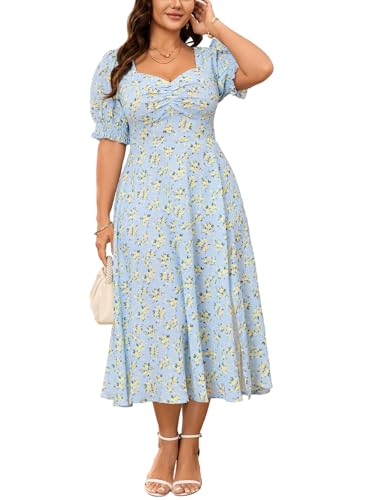 SCOMCHIC Plus Size Summer Dresses for Women Boho Floral Puff Sleeve Sweetheart Neck Ruched Bust Flowy A-Line Sun Midi Dress - Image 1