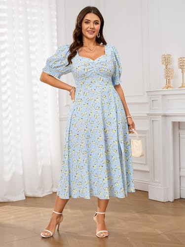SCOMCHIC Plus Size Summer Dresses for Women Boho Floral Puff Sleeve Sweetheart Neck Ruched Bust Flowy A-Line Sun Midi Dress - Image 5
