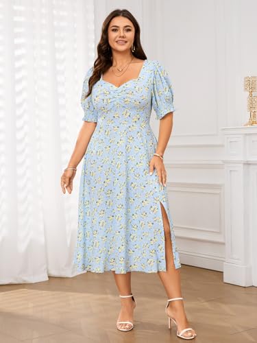 SCOMCHIC Plus Size Summer Dresses for Women Boho Floral Puff Sleeve Sweetheart Neck Ruched Bust Flowy A-Line Sun Midi Dress - Image 4
