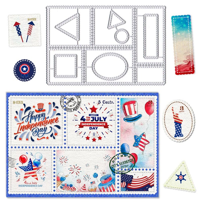 Glodecart 4th of July Postage Stamp Dies for Card Making Birthday Decoration Frame Rectangle Patriotic Summer Stamp Cutting Die for Card Junk Journal DIY Metal Halloween Decor Postage Stamps Die Cut