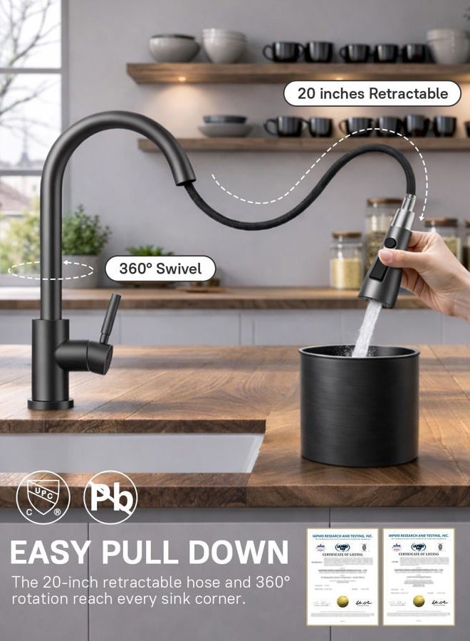 WEWE Kitchen Faucets with Pull Down Sprayer, Stainless Steel Single Handle 1 Hole for Family Kitchen Commercial Camper Laundry Rv Bar, Matte Gray - Image 3