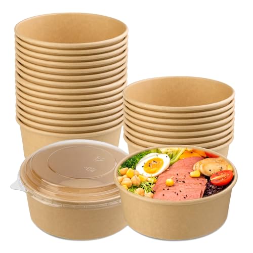 Hssugi 25 OZ Disposable Bowls with Lids 25 Pack, Large Kraft Paper Salad Bowls with Lids, Round Paper Food Container for Hot Cold Food, Soup, Ice Cream and Yogurt - Image 1
