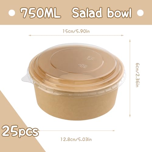 Hssugi 25 OZ Disposable Bowls with Lids 25 Pack, Large Kraft Paper Salad Bowls with Lids, Round Paper Food Container for Hot Cold Food, Soup, Ice Cream and Yogurt - Image 2