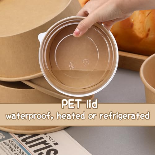 Hssugi 25 OZ Disposable Bowls with Lids 25 Pack, Large Kraft Paper Salad Bowls with Lids, Round Paper Food Container for Hot Cold Food, Soup, Ice Cream and Yogurt - Image 4