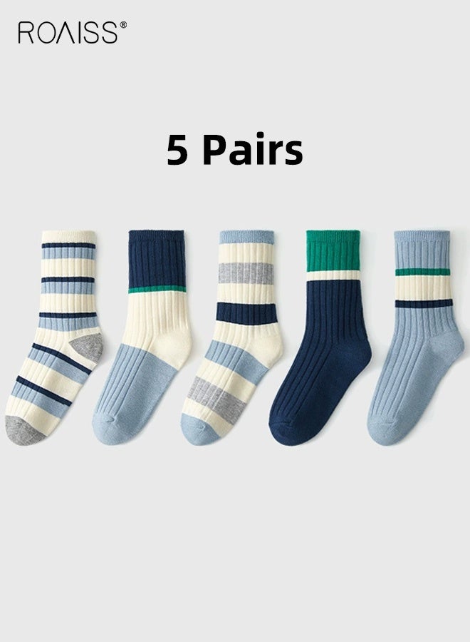 roaiss 5 Pairs Boys Mid-Calf Socks, Comfortable Sports Socks Set, Color Blocked Crew Socks, Cartoon Middle Tube Socks for Boys, Suitable for All Seasons - Image 1