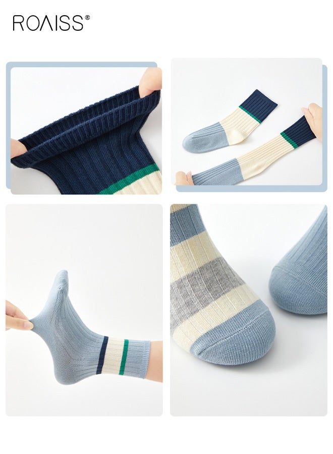 roaiss 5 Pairs Boys Mid-Calf Socks, Comfortable Sports Socks Set, Color Blocked Crew Socks, Cartoon Middle Tube Socks for Boys, Suitable for All Seasons - Image 4