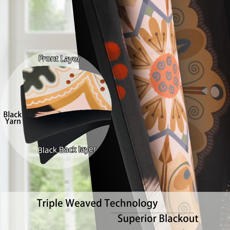 BCLBUSTE Black Boho 95% Blackout Curtains 84 inch Long 2 Panels for Bedroom Vintage Farmhouse Room Darkening Curtains Abstract Mandala Patterned Print Black Out Grommet Drapes for Living Room,52Wx84L - Image 4
