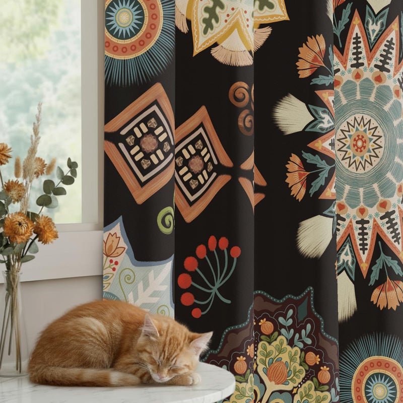 BCLBUSTE Black Boho 95% Blackout Curtains 84 inch Long 2 Panels for Bedroom Vintage Farmhouse Room Darkening Curtains Abstract Mandala Patterned Print Black Out Grommet Drapes for Living Room,52Wx84L - Image 1