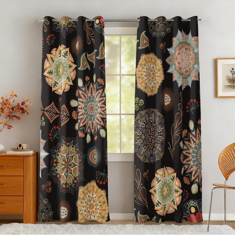 BCLBUSTE Black Boho 95% Blackout Curtains 84 inch Long 2 Panels for Bedroom Vintage Farmhouse Room Darkening Curtains Abstract Mandala Patterned Print Black Out Grommet Drapes for Living Room,52Wx84L - Image 2