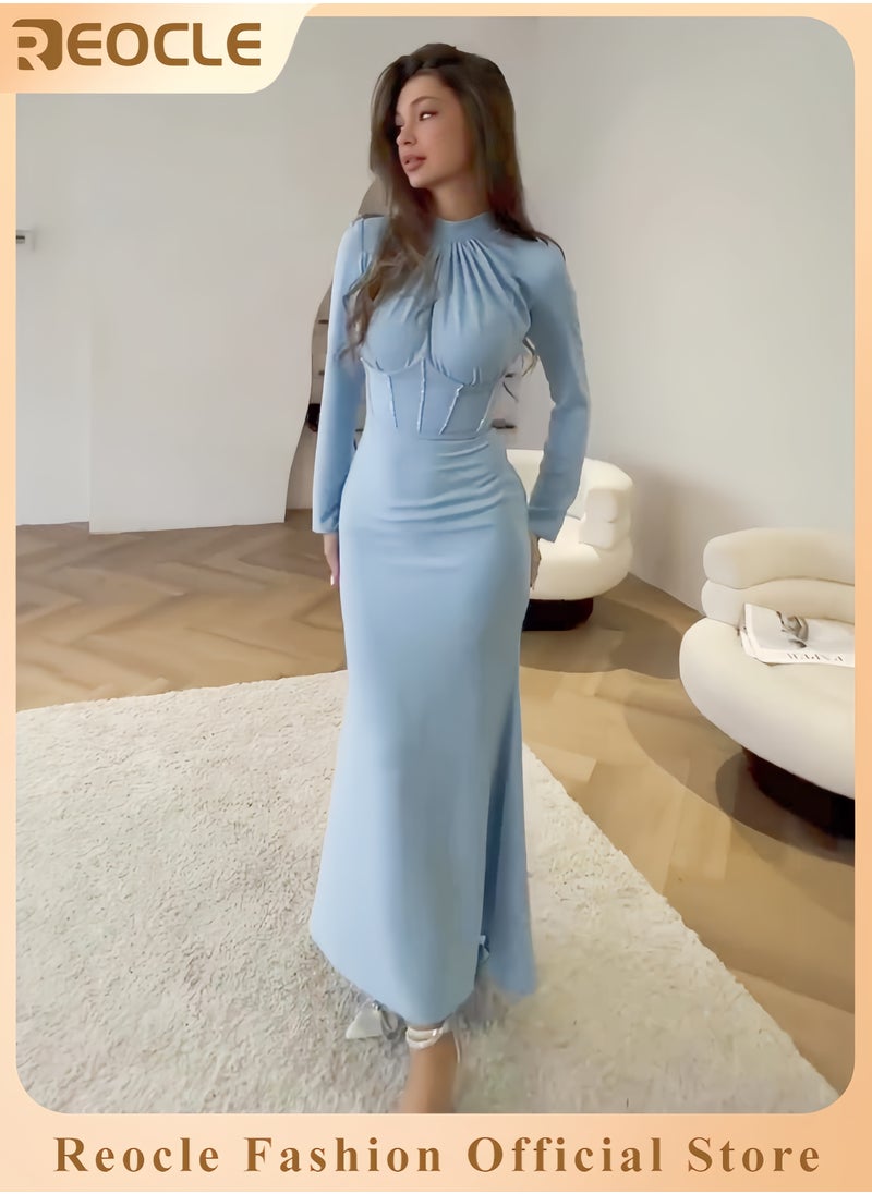 ريوكل تنورة طويلة غير منتظمة بخصر مرتفع وأكمام طويلة للنساء بياقة بطيات ودعم عظم السمكة فستان حريري لامع للحفلات المسائية  - Image 1