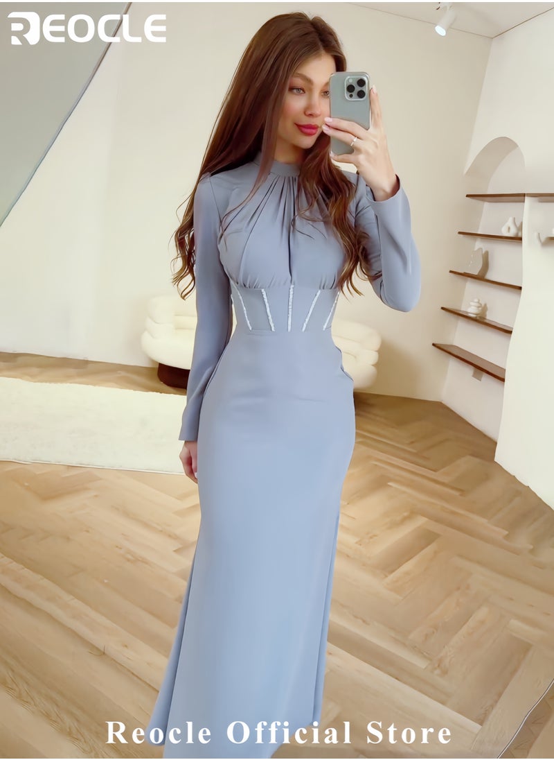 ريوكل تنورة طويلة غير منتظمة بخصر مرتفع وأكمام طويلة للنساء بياقة بطيات ودعم عظم السمكة فستان حريري لامع للحفلات المسائية  - Image 3
