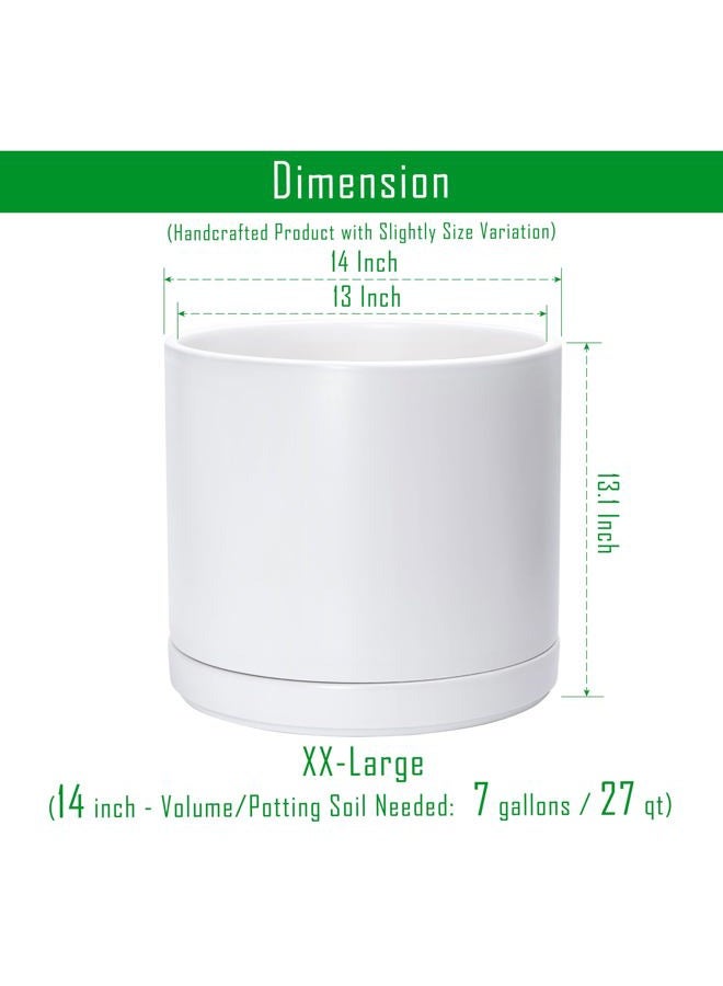 D'vine Dev 14 Inch Ceramic Planter Pot with Drainage Hole and Saucer, Indoor Cylinder Round Planter Pot, White, 94-O-G-1 - Image 3