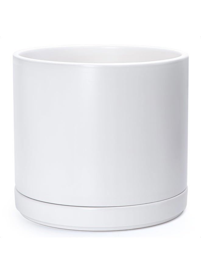 D'vine Dev 14 Inch Ceramic Planter Pot with Drainage Hole and Saucer, Indoor Cylinder Round Planter Pot, White, 94-O-G-1 - Image 1
