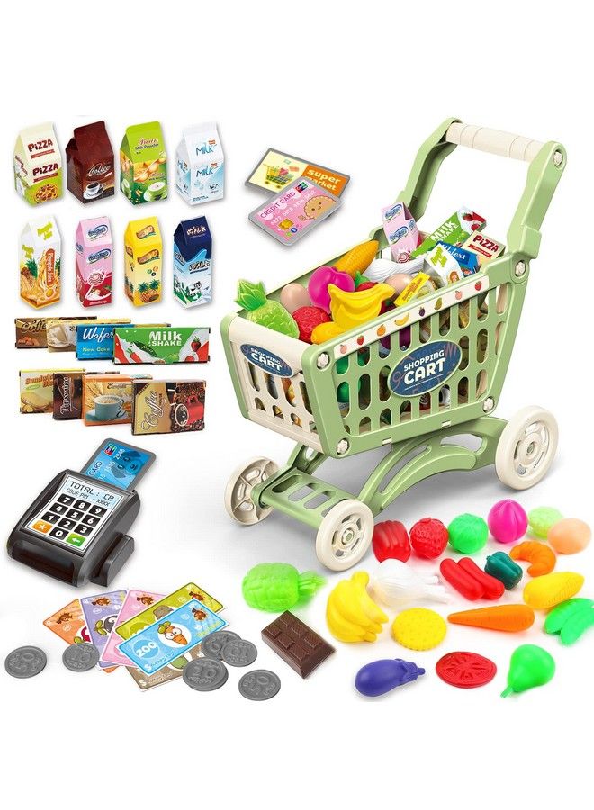 deAO Kids Shopping Cart Trolley For Groceries Toddlers 65 Food Fruit Vegetables Pretend Play Food Role Play Educational Toy Play Kitchen Toys Store Playset (Green) - Image 2
