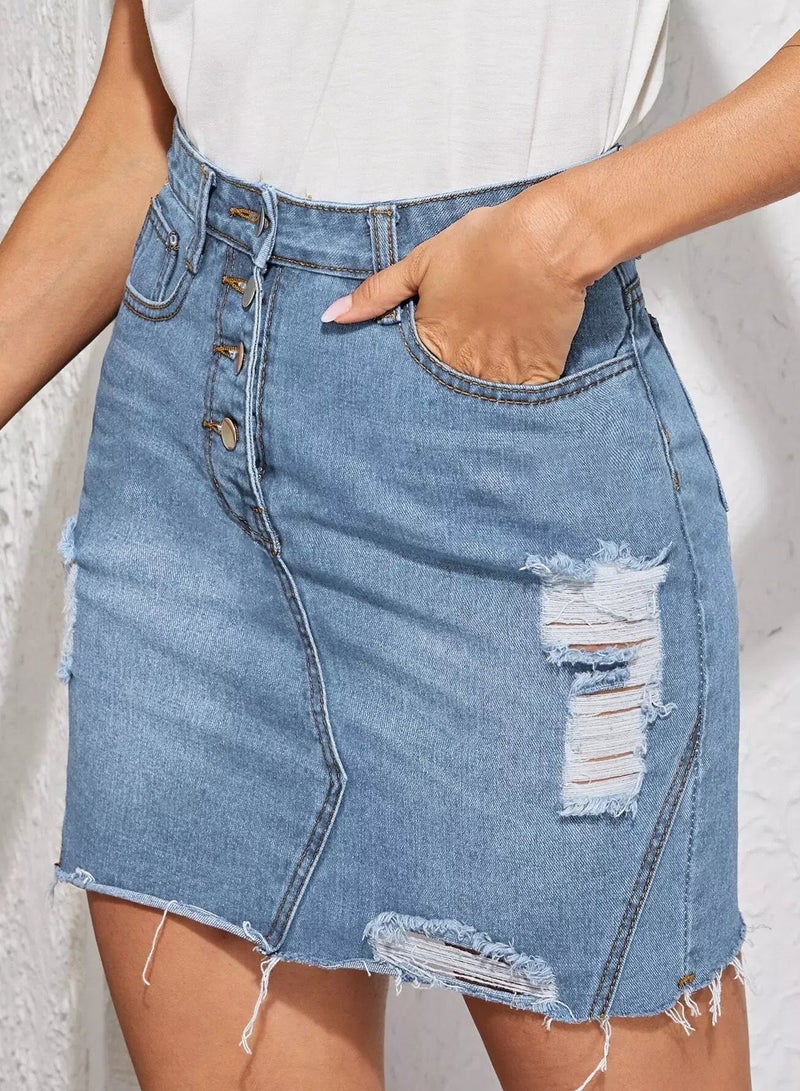 Distressed High-Rise Denim Mini Skirt  - Image 4
