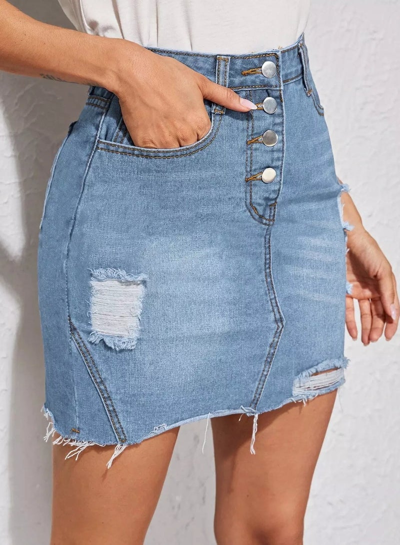 Distressed High-Rise Denim Mini Skirt  - Image 5