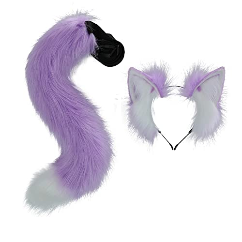 VIGVAN Animal Cosplay Ears and Tail - Wolf, Fox, Cat, Raccoon (Purple) - Image 1