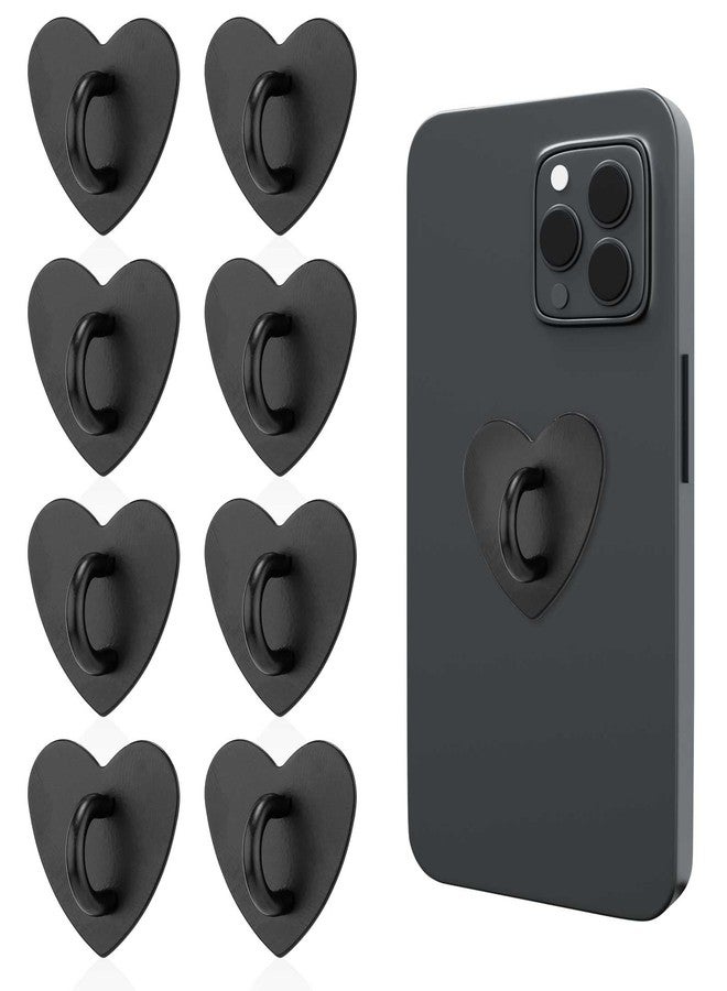 XIHIRCD 8pcs Heart Cell Phone Ring Holder, Phone Charm Hook Adhesive Metal Finger Ring Stand Heart-shaped Sticky Phone Grip Ring for Mobile Phone Tablet DIY Accessories (Black) - Image 1