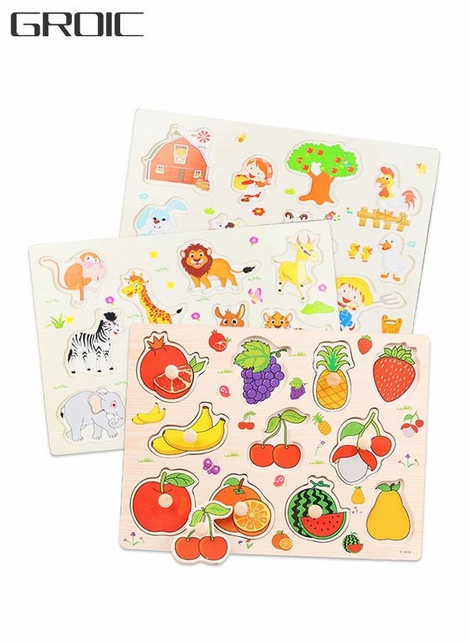 GROIC Wooden Puzzles Set，Fruits, Farm and Animals Learning Wooden Puzzles Board for Kids, Preschool Educational Puzzles Activity Toys  - Image 1