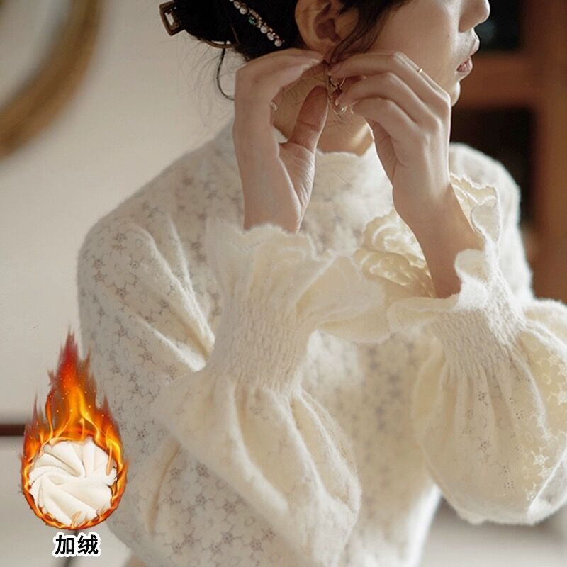 Fleece-Lined Half-High Collar Sanding Lace Base Shirt Women'S Stylike Inner Elegant Small Shirt Long-Sleeved T-Shirt For Women - Image 2