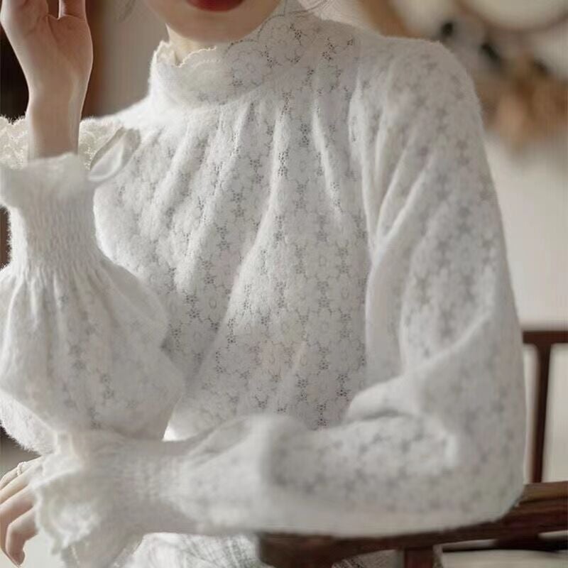 Fleece-Lined Half-High Collar Sanding Lace Base Shirt Women'S Stylike Inner Elegant Small Shirt Long-Sleeved T-Shirt For Women - Image 1