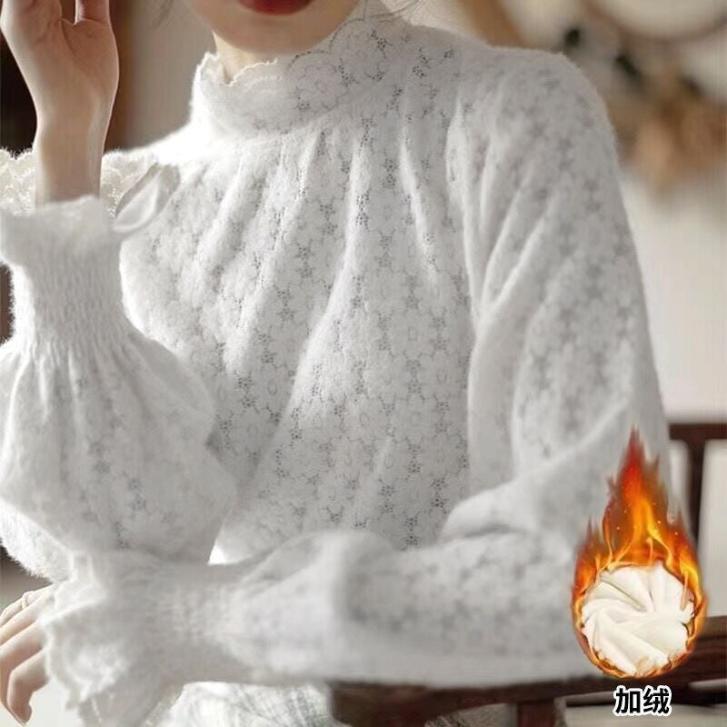 Fleece-Lined Half-High Collar Sanding Lace Base Shirt Women'S Stylike Inner Elegant Small Shirt Long-Sleeved T-Shirt For Women - Image 3