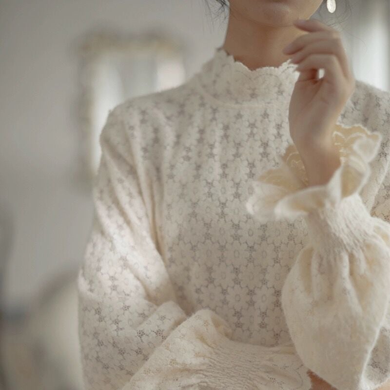 Fleece-Lined Half-High Collar Sanding Lace Base Shirt Women'S Stylike Inner Elegant Small Shirt Long-Sleeved T-Shirt For Women - Image 5
