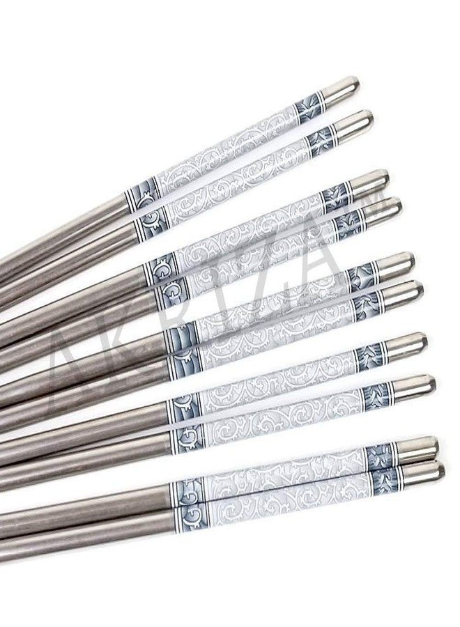 AKRIZA Beautiful Printed Round Stainless Steel Reusable Chopsticks, 23 cm, Random Design (5 Pair) - Image 2