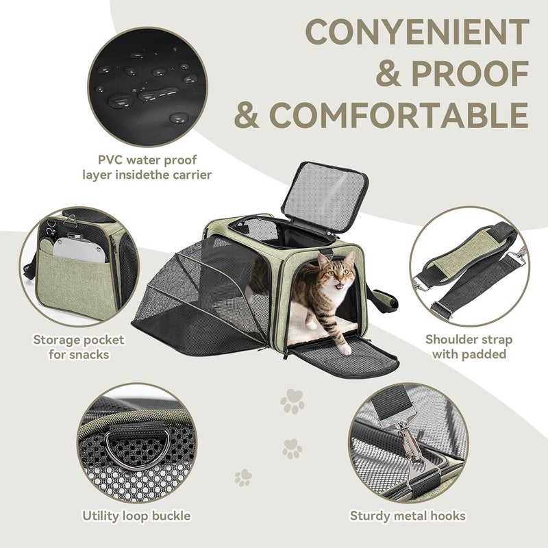 Petsfit Expandable Pet Carrier Airline Approved, Soft-Sided Portable Cat Carrier Dog Carrier, with Removable Plush Mat, Locking Safety Zippers and Pockets, green - Image 2