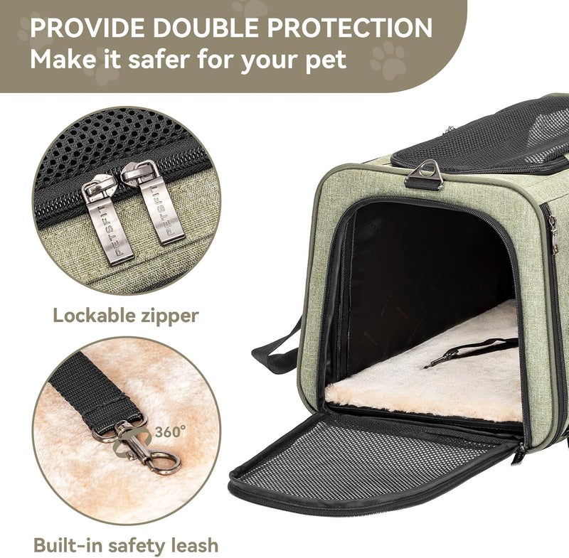 Petsfit Expandable Pet Carrier Airline Approved, Soft-Sided Portable Cat Carrier Dog Carrier, with Removable Plush Mat, Locking Safety Zippers and Pockets, green - Image 3