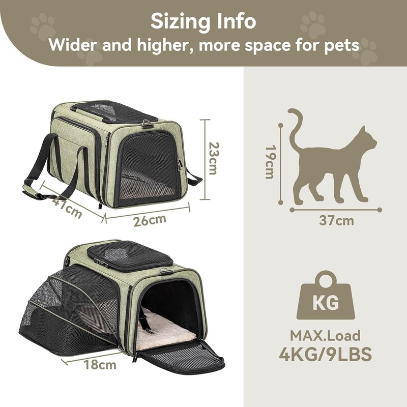 Petsfit Expandable Pet Carrier Airline Approved, Soft-Sided Portable Cat Carrier Dog Carrier, with Removable Plush Mat, Locking Safety Zippers and Pockets, green - Image 4