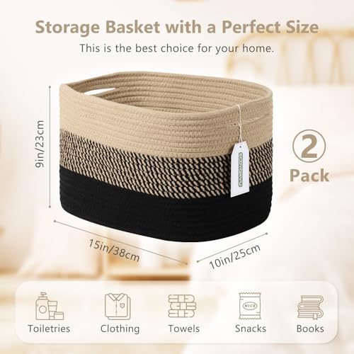 ECDYQXVU Cotton Rope Storage Basket, 15x10x9 Inches, Woven Basket for Shelves, Clothes, Towels, Books, and Laundry, Gradient Black/Brown (2 Pack) - Image 3