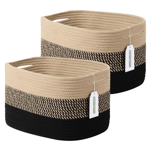 ECDYQXVU Cotton Rope Storage Basket, 15x10x9 Inches, Woven Basket for Shelves, Clothes, Towels, Books, and Laundry, Gradient Black/Brown (2 Pack) - Image 1