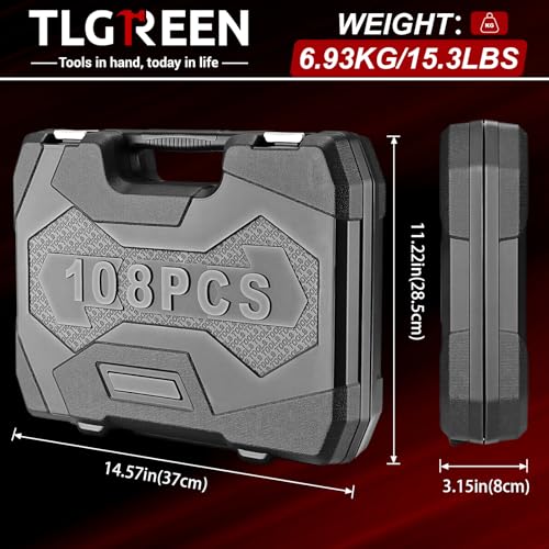 TLGREEN 108 Pcs Mechanic Socket Tool Kit,CR-V Steel Metric And 1/4" & 1/2" Ratchet set,Universal Joint,Extension Bars,Adapter,Quick Release Ratchet Wrench,Tool Box Set for Car Garage Dorm - Image 2