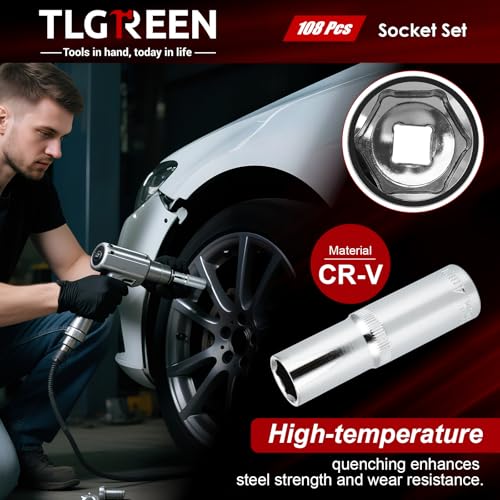 TLGREEN 108 Pcs Mechanic Socket Tool Kit,CR-V Steel Metric And 1/4" & 1/2" Ratchet set,Universal Joint,Extension Bars,Adapter,Quick Release Ratchet Wrench,Tool Box Set for Car Garage Dorm - Image 4