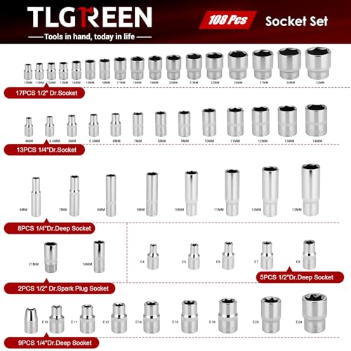 TLGREEN 108 Pcs Mechanic Socket Tool Kit,CR-V Steel Metric And 1/4" & 1/2" Ratchet set,Universal Joint,Extension Bars,Adapter,Quick Release Ratchet Wrench,Tool Box Set for Car Garage Dorm - Image 5