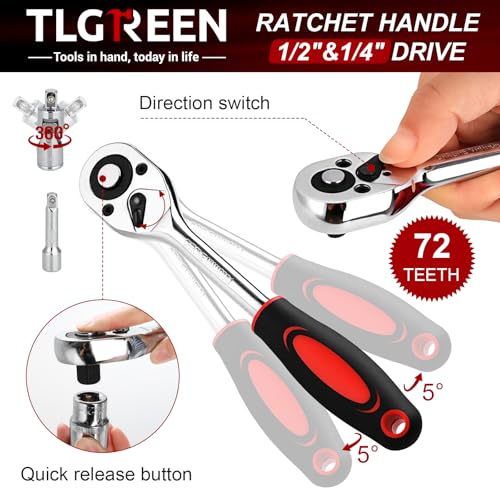 TLGREEN 108 Pcs Mechanic Socket Tool Kit,CR-V Steel Metric And 1/4" & 1/2" Ratchet set,Universal Joint,Extension Bars,Adapter,Quick Release Ratchet Wrench,Tool Box Set for Car Garage Dorm - Image 3