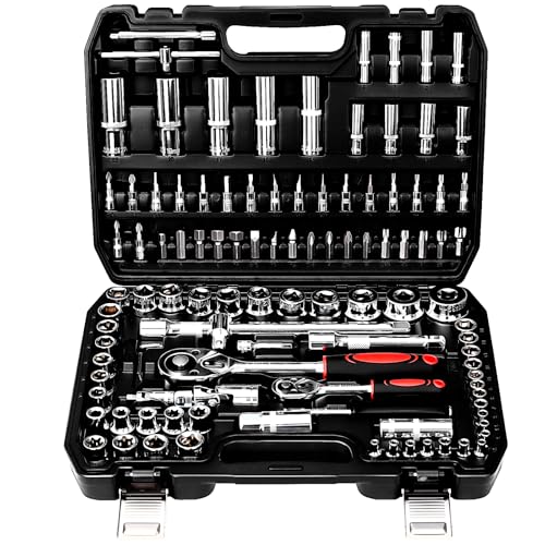 TLGREEN 108 Pcs Mechanic Socket Tool Kit,CR-V Steel Metric And 1/4" & 1/2" Ratchet set,Universal Joint,Extension Bars,Adapter,Quick Release Ratchet Wrench,Tool Box Set for Car Garage Dorm - Image 1