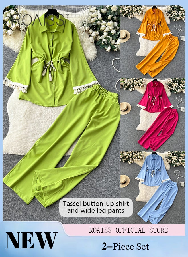 roaiss 2 Piece Tassel Craft Women's Casual Suit Long Sleeved Shirt and Loose Fitting Trousers Lace Cuffs Comfortable and Skin-Friendly Fabric Candy Color Matching with Belt for Daily Commuting Wear - Image 1
