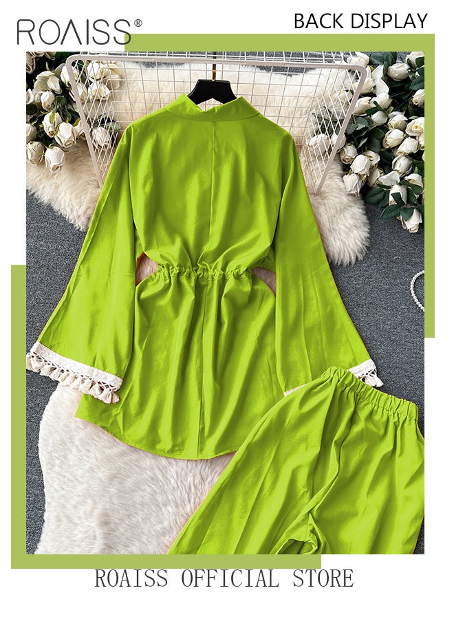 roaiss 2 Piece Tassel Craft Women's Casual Suit Long Sleeved Shirt and Loose Fitting Trousers Lace Cuffs Comfortable and Skin-Friendly Fabric Candy Color Matching with Belt for Daily Commuting Wear - Image 3