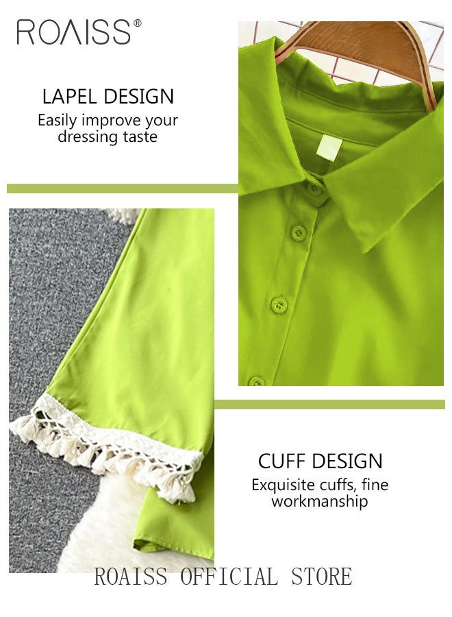 roaiss 2 Piece Tassel Craft Women's Casual Suit Long Sleeved Shirt and Loose Fitting Trousers Lace Cuffs Comfortable and Skin-Friendly Fabric Candy Color Matching with Belt for Daily Commuting Wear - Image 5