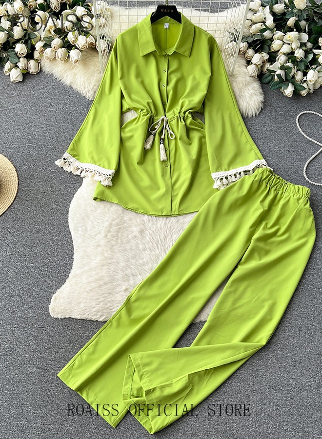 roaiss 2 Piece Tassel Craft Women's Casual Suit Long Sleeved Shirt and Loose Fitting Trousers Lace Cuffs Comfortable and Skin-Friendly Fabric Candy Color Matching with Belt for Daily Commuting Wear - Image 2