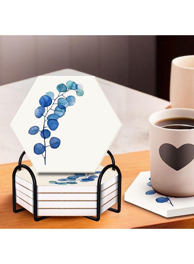 Urbane Home Urbane Home Set of 6 Diatomite Blueberry Print Hexagon Coasters with Cork Steel Holder Stand for Hot Pots - Water Absorbent Tea Cup & Water Glass Cover Top Lid | White-SOV003-07  - Image 1