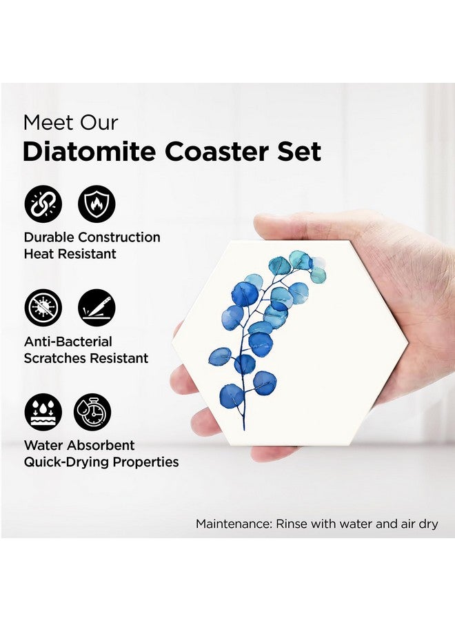 Urbane Home Urbane Home Set of 6 Diatomite Blueberry Print Hexagon Coasters with Cork Steel Holder Stand for Hot Pots - Water Absorbent Tea Cup & Water Glass Cover Top Lid | White-SOV003-07  - Image 3