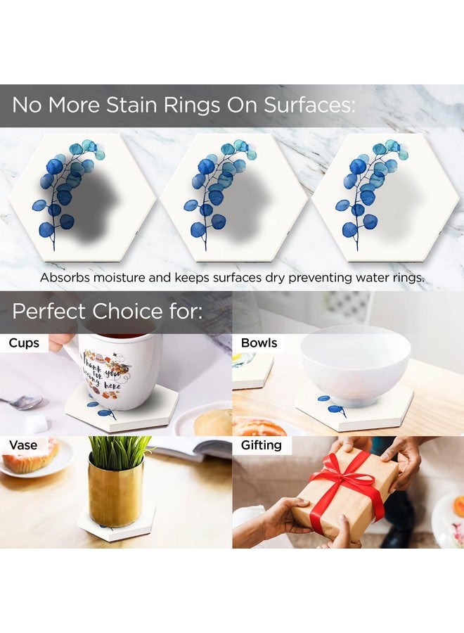 Urbane Home Urbane Home Set of 6 Diatomite Blueberry Print Hexagon Coasters with Cork Steel Holder Stand for Hot Pots - Water Absorbent Tea Cup & Water Glass Cover Top Lid | White-SOV003-07  - Image 4