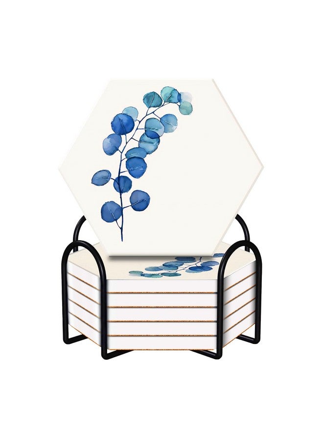 Urbane Home Urbane Home Set of 6 Diatomite Blueberry Print Hexagon Coasters with Cork Steel Holder Stand for Hot Pots - Water Absorbent Tea Cup & Water Glass Cover Top Lid | White-SOV003-07  - Image 2