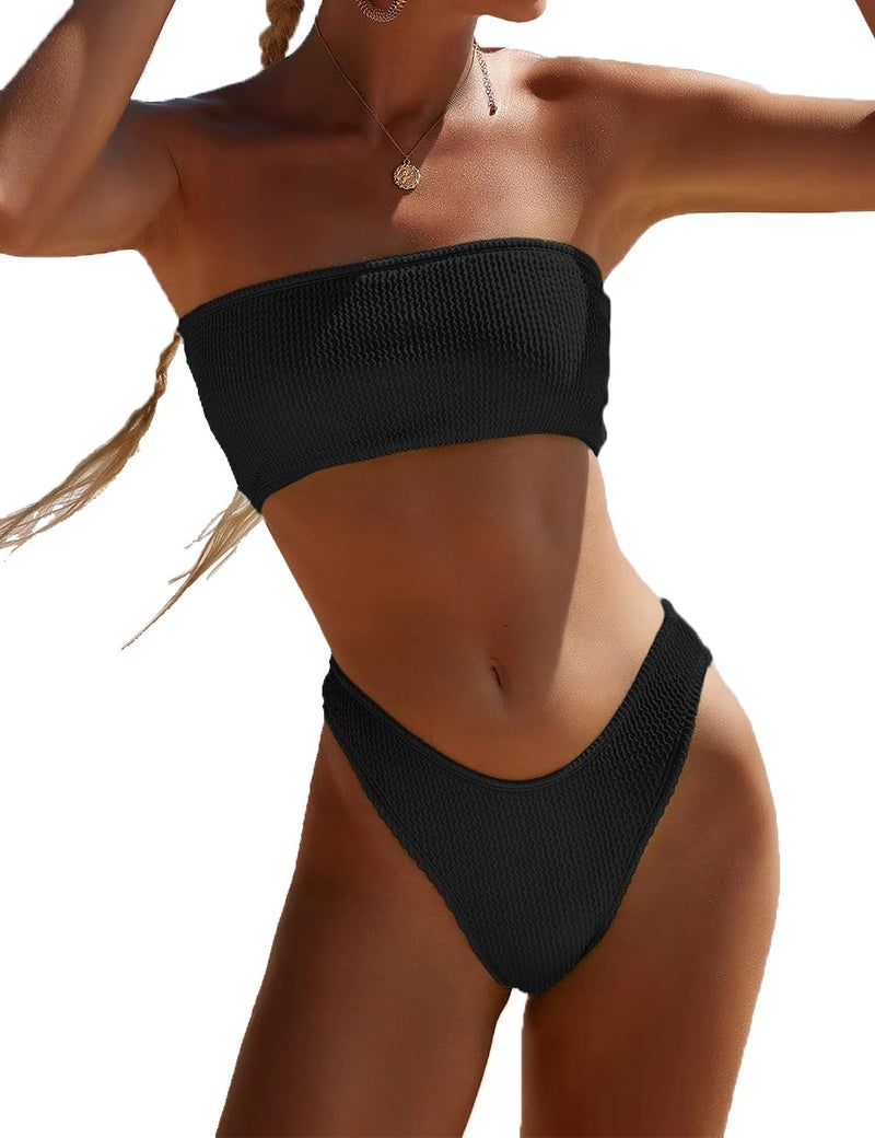 YIMISAN Women's Two Piece Bandeau Swimsuit Ribbed Strapless Tube Bikini Top with Mid Waist Cheeky Bottom Bathing Suit Black - Image 1